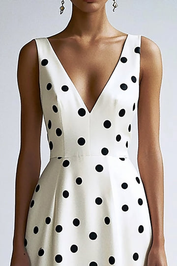 En linje V-hals Midi Hvit Svart Polka Dots Kjole